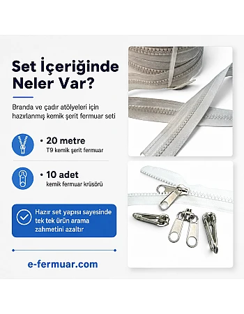 Çadır Atölyeleri ve Branda İçin T9 Kemik Şerit Fermuar Seti – 20 Metre + 10 Krüsör- ST-0012T9-20M10K