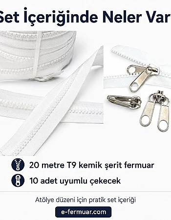 Çadır Atölyeleri ve Branda İçin T9 Kemik Şerit Fermuar Seti – 20 Metre + 10 Çekecek - ST-0012T9-20M10K
