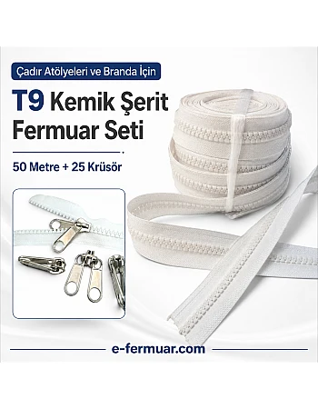 Çadır Atölyeleri ve Branda İçin T9 Kemik Şerit Fermuar Seti – 50 Metre + 25 Krüsör- ST-0012T9-50M25K