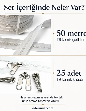 Çadır Atölyeleri ve Branda İçin T9 Kemik Şerit Fermuar Seti – 50 Metre + 25 Krüsör- ST-0012T9-50M25K