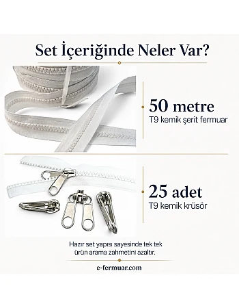 Çadır Atölyeleri ve Branda İçin T9 Kemik Şerit Fermuar Seti – 50 Metre + 25 Krüsör- ST-0012T9-50M25K