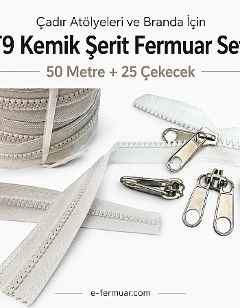 Çadır Atölyeleri ve Branda İçin T9 Kemik Şerit Fermuar Seti – 50 Metre + 25 Çekecek - ST-0012T9-50M25K