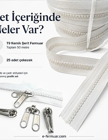 Çadır Atölyeleri ve Branda İçin T9 Kemik Şerit Fermuar Seti – 50 Metre + 25 Çekecek - ST-0012T9-50M25K