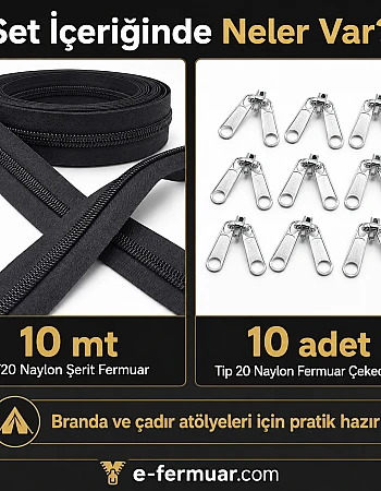Çadır Atölyeleri ve Branda İçin T20 Naylon Şerit Fermuar Seti – 10 Metre + 10 Çekecek - ST-0013