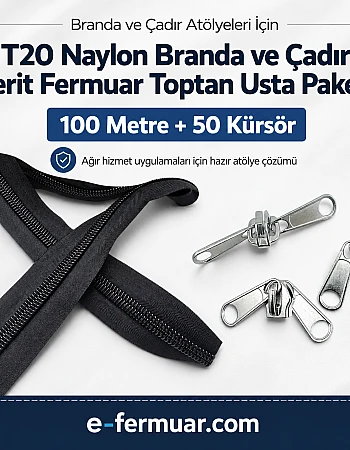 Çadır Atölyeleri ve Branda İçin T20 Naylon Şerit Fermuar Seti – 100 Metre + 50 Krüsör - ST-0013T20-100M50C