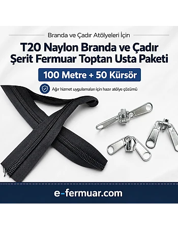 Çadır Atölyeleri ve Branda İçin T20 Naylon Şerit Fermuar Seti – 100 Metre + 50 Krüsör - ST-0013T20-100M50C