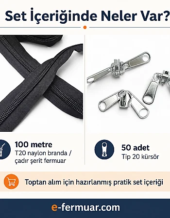 Çadır Atölyeleri ve Branda İçin T20 Naylon Şerit Fermuar Seti – 100 Metre + 50 Krüsör - ST-0013T20-100M50C