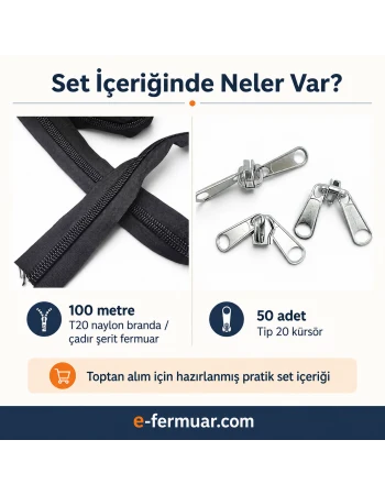 Çadır Atölyeleri ve Branda İçin T20 Naylon Şerit Fermuar Seti – 100 Metre + 50 Krüsör - ST-0013T20-100M50C