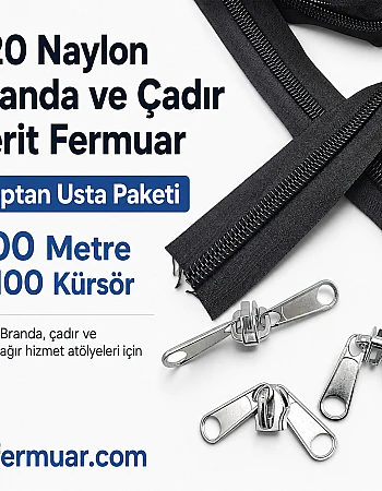 Çadır Atölyeleri ve Branda İçin T20 Naylon Şerit Fermuar Seti – 200 Metre + 100 Krüsör - ST-0013T20-200M100C