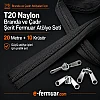 T20 Naylon Şerit Fermuar Seti, 20 metre uzunluğunda ve 10 adet krüsör içerir, branda ve çadır atölyeleri için ideal.