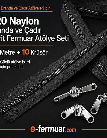 Çadır ve Branda Atölyeleri İçin Naylon Şerit Fermuar T20 Seti – 20 Metre + 10 Krüsör- ST-0013T20-20M10C