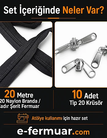 Çadır ve Branda Atölyeleri İçin Naylon Şerit Fermuar T20 Seti – 20 Metre + 10 Krüsör- ST-0013T20-20M10C
