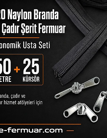 Çadır ve Branda Atölyeleri İçin T20 Naylon Şerit Fermuar Seti – 50 Metre + 25 Krüsör - ST-0013T20-50M25C