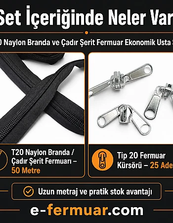 Çadır ve Branda Atölyeleri İçin T20 Naylon Şerit Fermuar Seti – 50 Metre + 25 Krüsör - ST-0013T20-50M25C