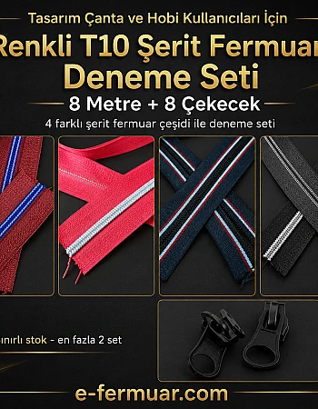 Hobi ve Tasarım Çanta Kullanıcıları İçin Renkli T10 Şerit Fermuar Deneme Seti – 8 Metre + 8 Çekecek - ST-0014