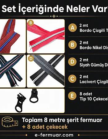 Hobi ve Tasarım Çanta Kullanıcıları İçin Renkli T10 Şerit Fermuar Deneme Seti – 8 Metre + 8 Çekecek - ST-0014