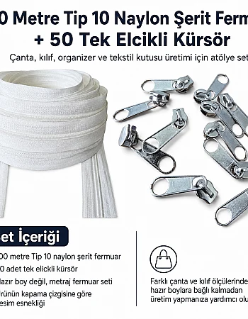 Tip 10 Naylon Şerit Fermuar Üretim Seti – 100 Metre + 50 Tek Elcikli Kürsör ST-T10T-NAYLON-100M50C