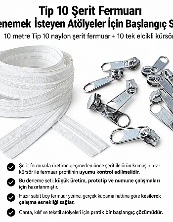 Tip 10 Naylon Şerit Fermuar Başlangıç Seti – 10 Metre + 10 Tek Elcikli Kürsör ST-T10T-NAYLON-10M10C