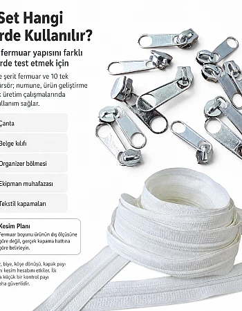 Tip 10 Naylon Şerit Fermuar Deneme Seti – 20 Metre + 10 Tek Elcikli Kürsör ST-T10T-NAYLON-20M10C