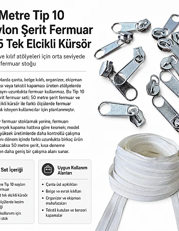 Atölye, Çanta ve Kılıf Üretimi İçin Tip 10 Naylon Şerit Fermuar Seti – 50 Metre + 25 Tek Elcikli Kürsör ST-T10T-NAYLON-50M25C