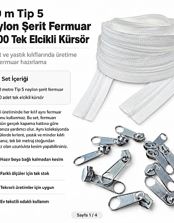 Kırlent, Minder ve Yastık Kılıfları İçin Tip 5 Naylon Şerit Fermuar Üretim Seti – 100 Metre + 200 Tek Elcikli Kürsör ST-T5T-NAYLON-100M200K