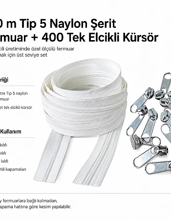 Kırlent, Minder ve Yastık Kılıfları İçin Tip 5 Naylon Şerit Fermuar Üretim Seti – 200 Metre + 400 Tek Elcikli Kürsör ST-T5T-NAYLON-200M400K