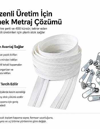 Kırlent, Minder ve Yastık Kılıfları İçin Tip 5 Naylon Şerit Fermuar Üretim Seti – 200 Metre + 400 Tek Elcikli Kürsör ST-T5T-NAYLON-200M400K