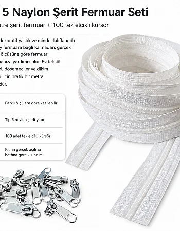 Kırlent, Minder ve Yastık Kılıfları İçin Tip 5 Naylon Şerit Fermuar Seti – 50 Metre + 100 Tek Elcikli Kürsör ST-T5T-NAYLON-50M100K