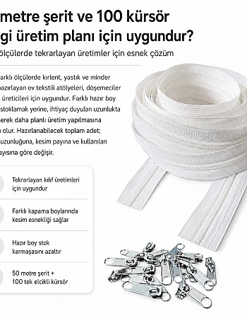 Kırlent, Minder ve Yastık Kılıfları İçin Tip 5 Naylon Şerit Fermuar Seti – 50 Metre + 100 Tek Elcikli Kürsör ST-T5T-NAYLON-50M100K