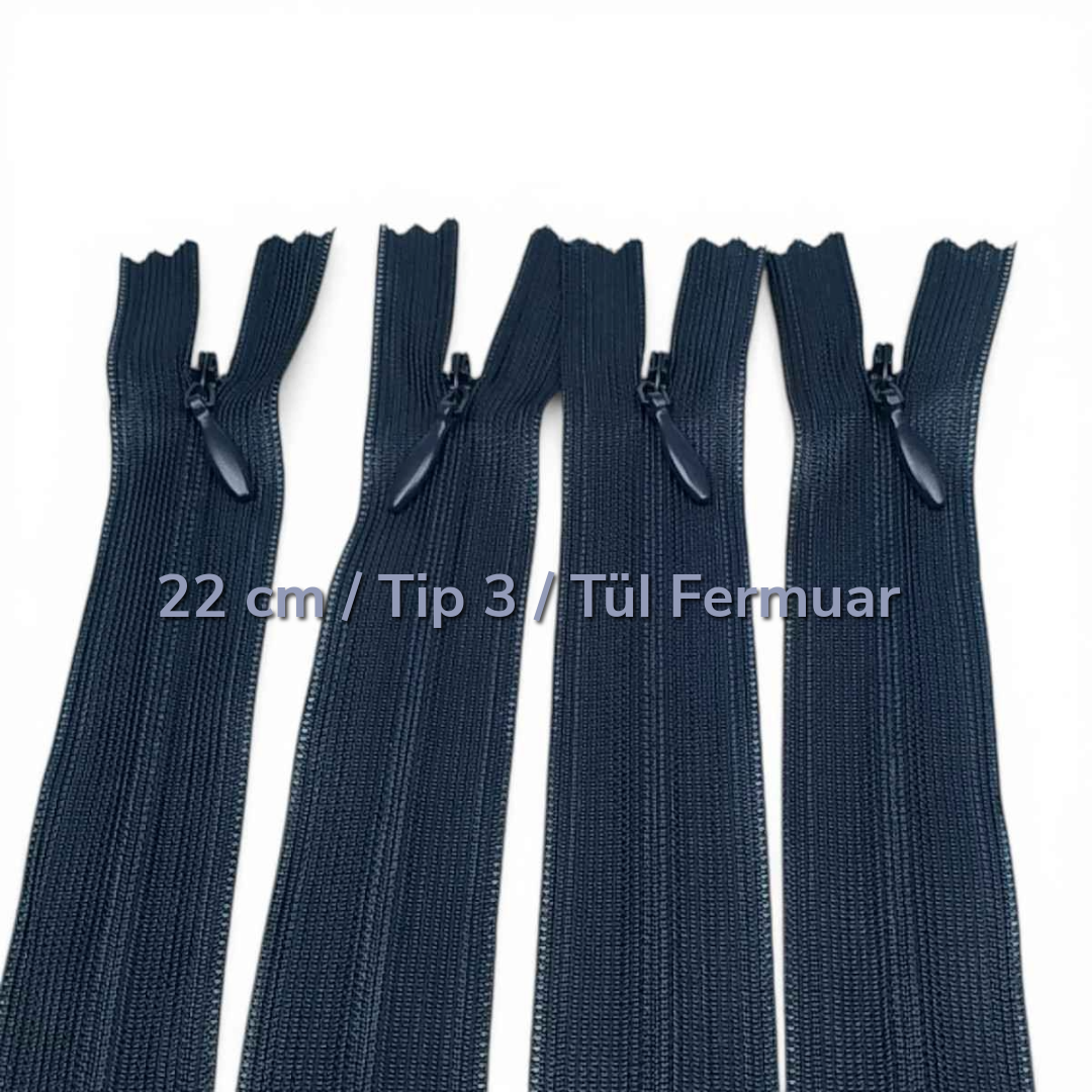 22 cm 8.66" Invisible Zipper with Tulle Tape | For Dresses, Skirts and Inner Pockets | ZPHSN0022TUL