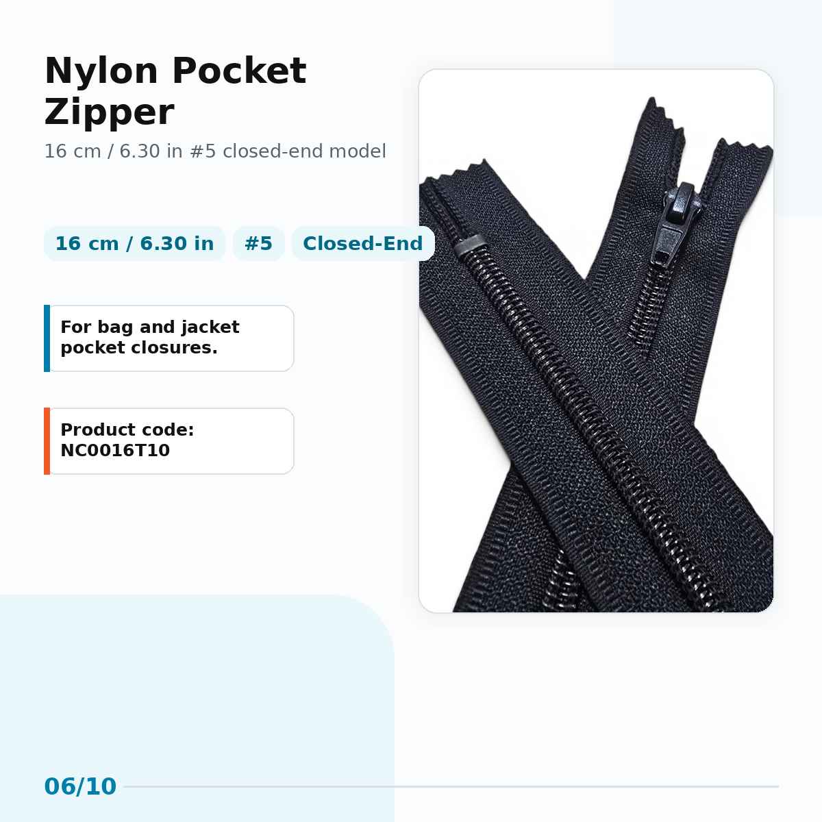 16 cm Nylon #5 Closed-End Pocket Zipper NC0016T10