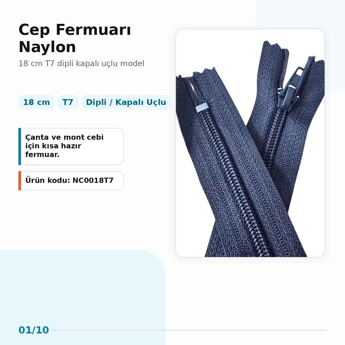 18 cm Nylon T7 Closed-End Pocket Zipper NC0018T7