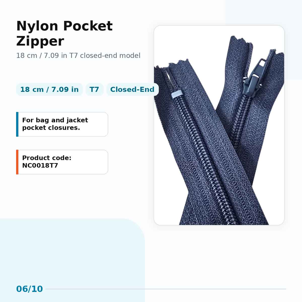 18 cm Nylon T7 Closed-End Pocket Zipper NC0018T7