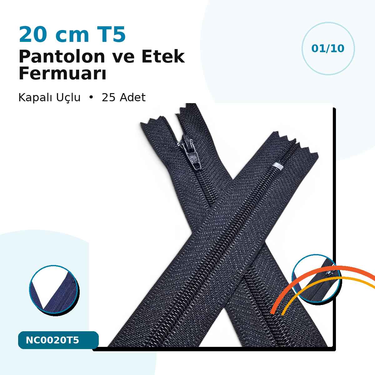 Pantolon ve Etek Fermuarı Naylon 20 cm T5 Kapalı Uçlu 25 Adet NC0020T5