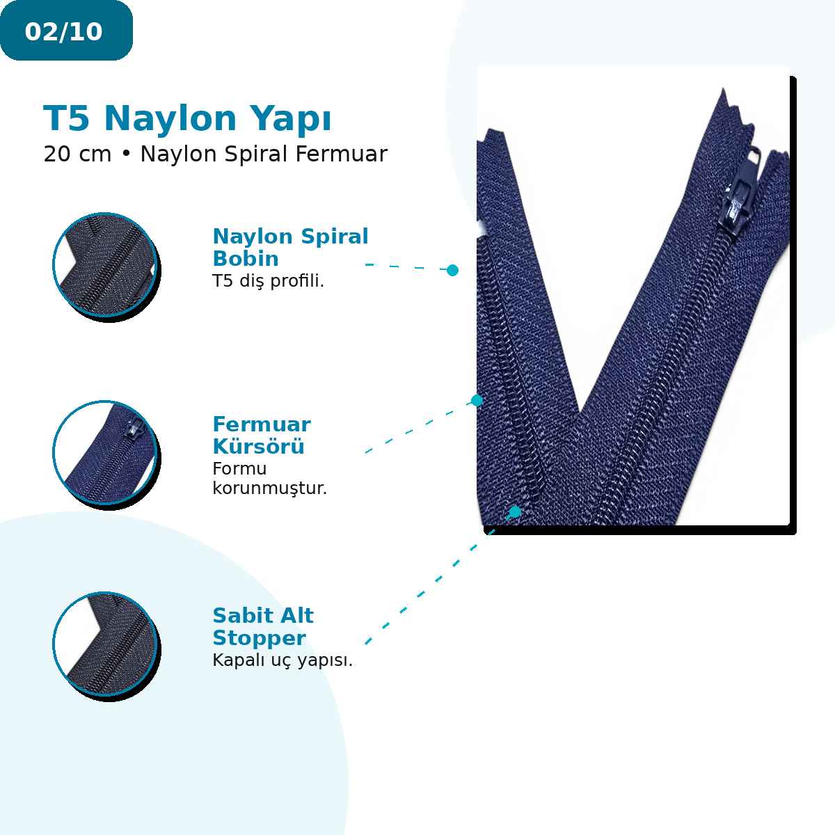 Pantolon ve Etek Fermuarı Naylon 20 cm T5 Kapalı Uçlu 25 Adet NC0020T5