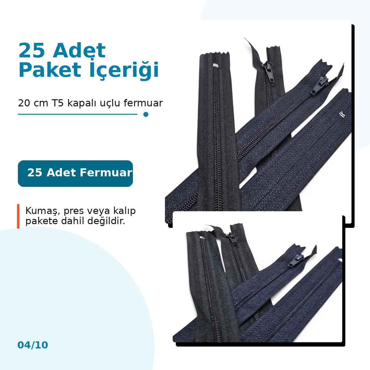 Pantolon ve Etek Fermuarı Naylon 20 cm T5 Kapalı Uçlu 25 Adet NC0020T5