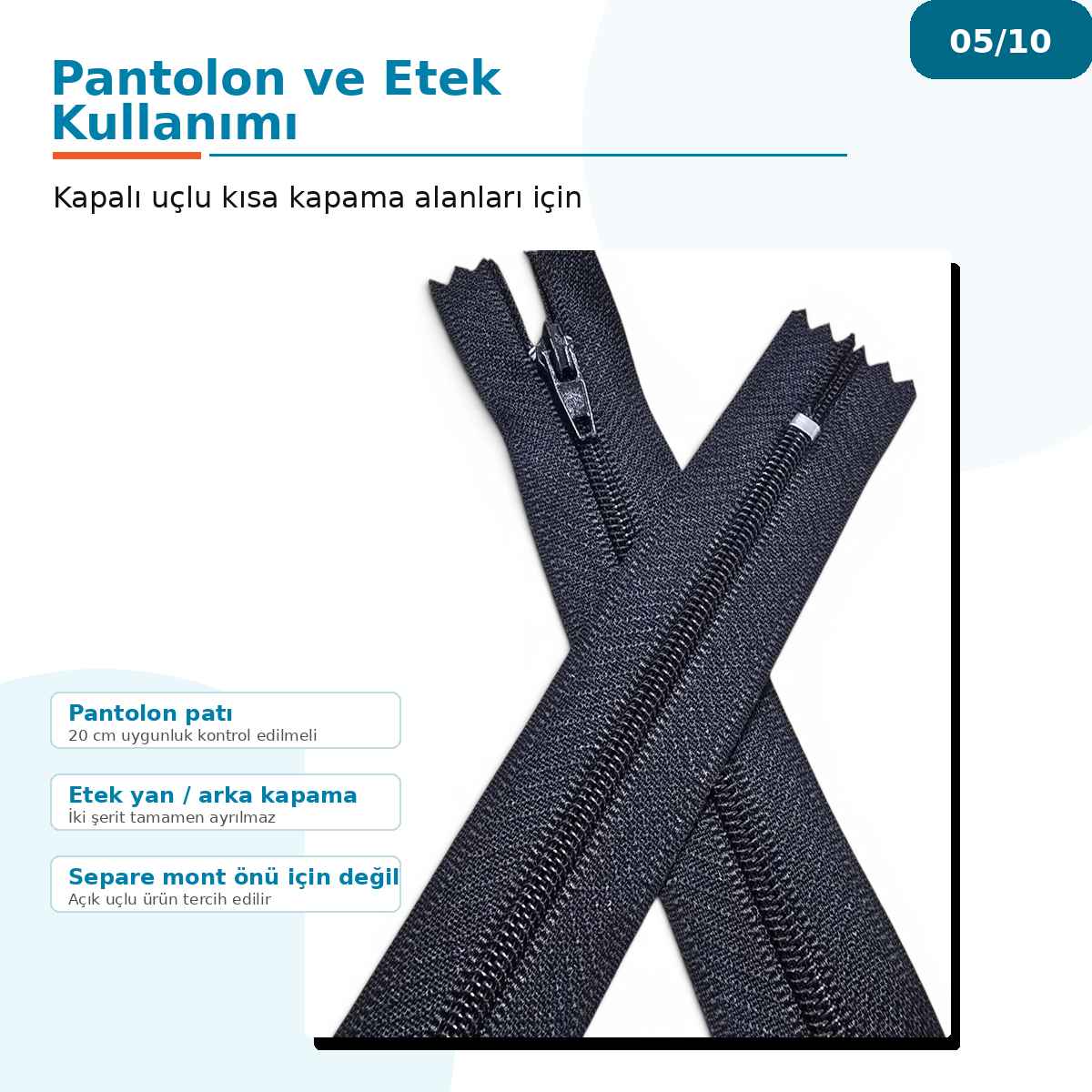 Pantolon ve Etek Fermuarı Naylon 20 cm T5 Kapalı Uçlu 25 Adet NC0020T5