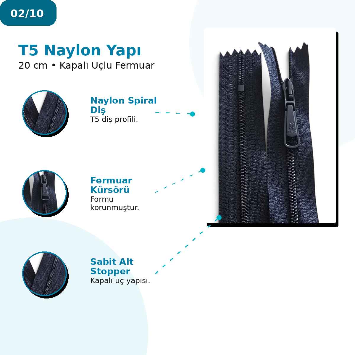 Pantolon ve Etek Fermuarı Naylon 20 cm T5 Kapalı Uçlu NC0020T5M