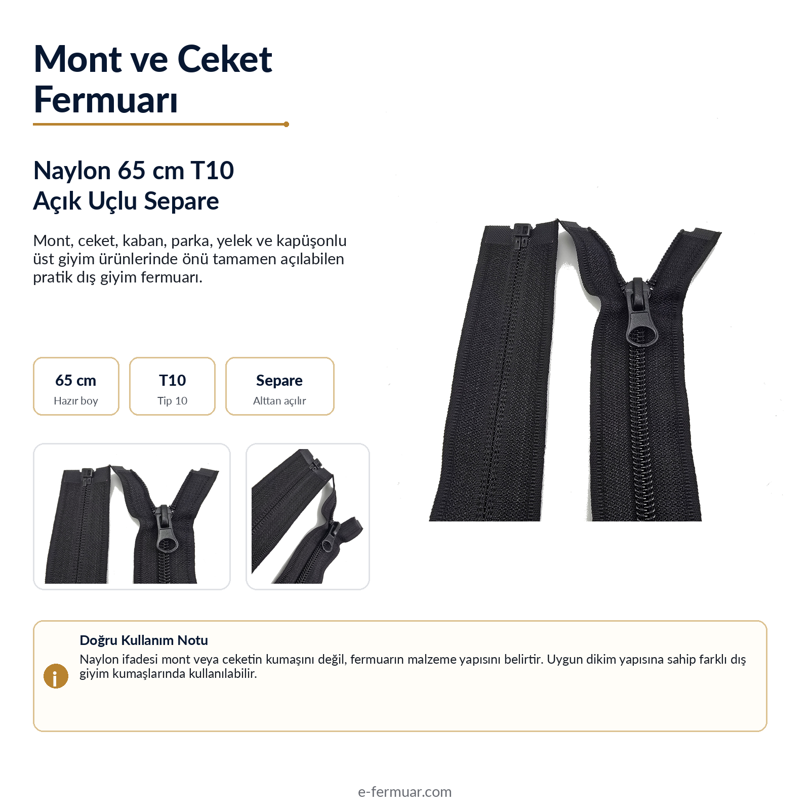 65 cm Naylon Mont Fermuarı | Açık Uçlu Separe Güçlü Kullanım | NC0065T10