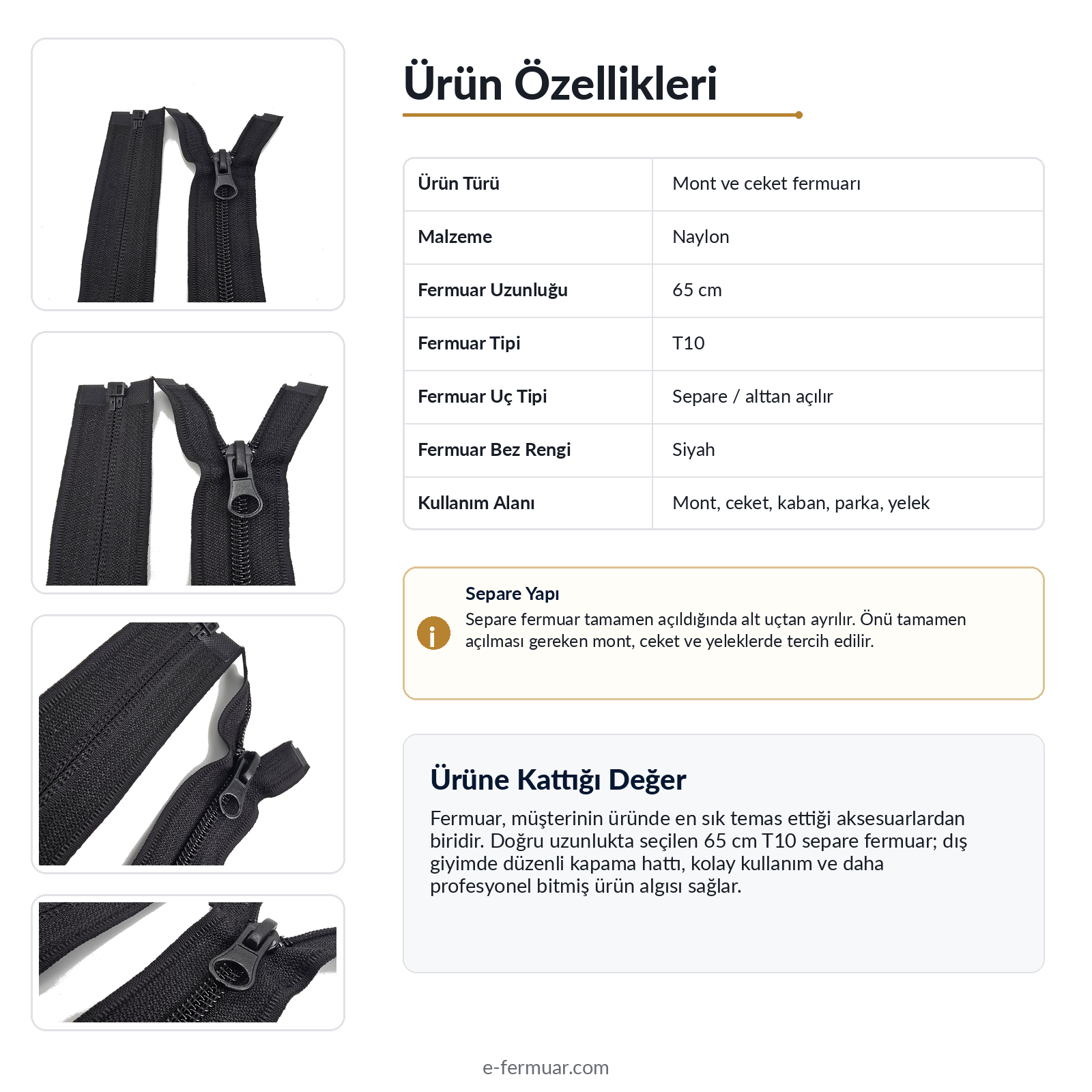 65 cm Naylon Mont Fermuarı | Açık Uçlu Separe Güçlü Kullanım | NC0065T10