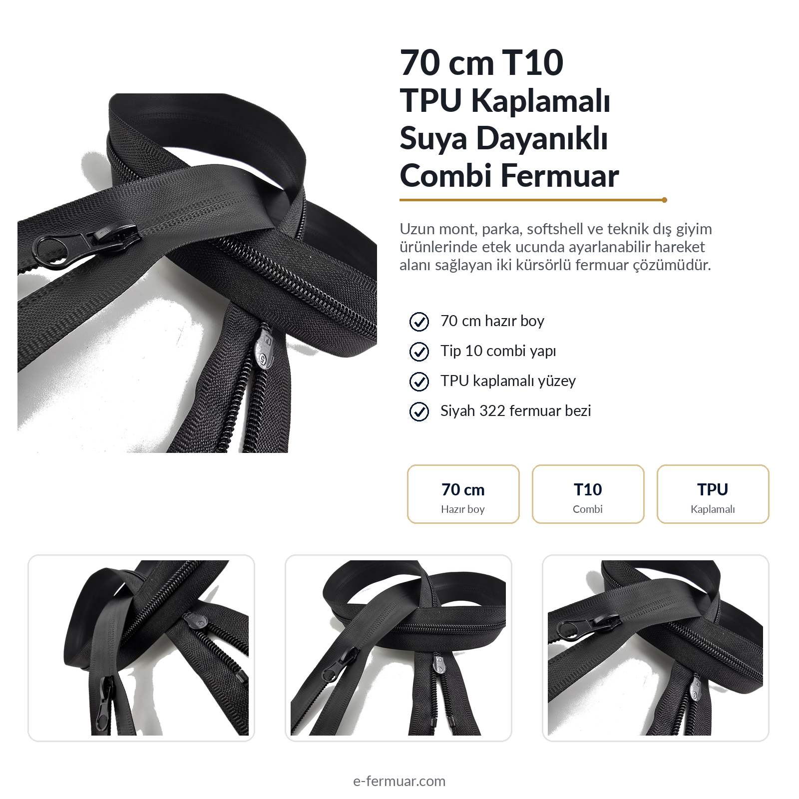 70 cm TPU Su Geçirmez Fermuar | Teknik ve Modern Dış Giyim İçin | NC0070SG