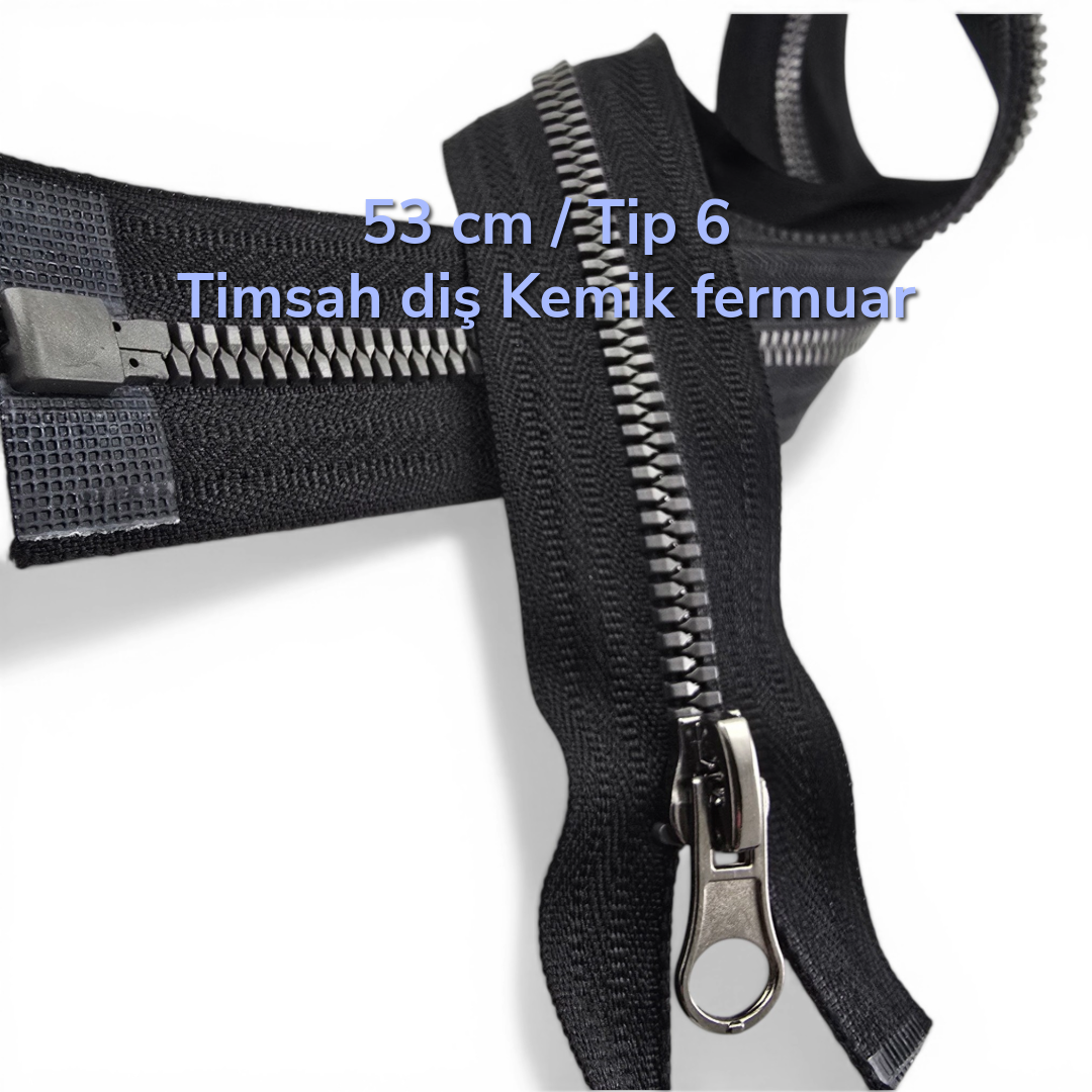 53 cm uzunluğunda, modern T6 timsah diş tasarımlı, kemik malzemeli açık uçlu fermuar. Mont ve ceketler için ideal.
