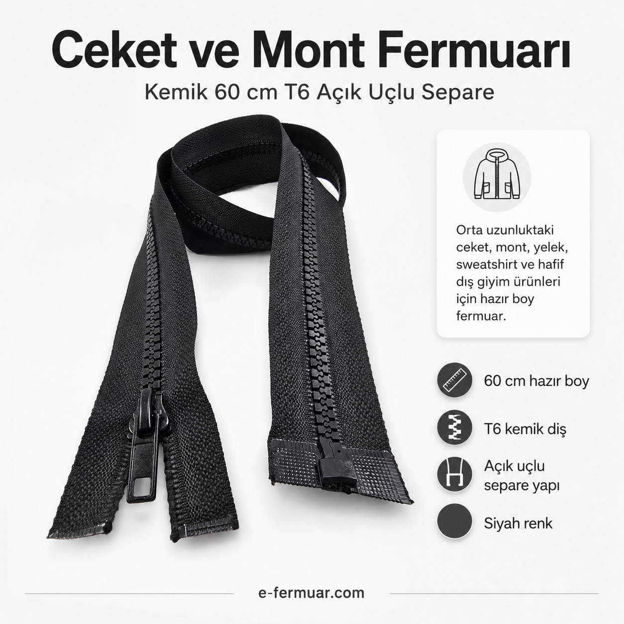 Bone Jacket Zipper, Open End (Separate), 60 cm - PR0060T6