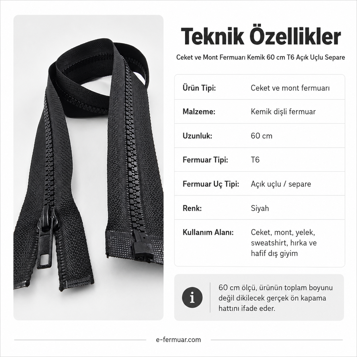 Bone Jacket Zipper, Open End (Separate), 60 cm - PR0060T6