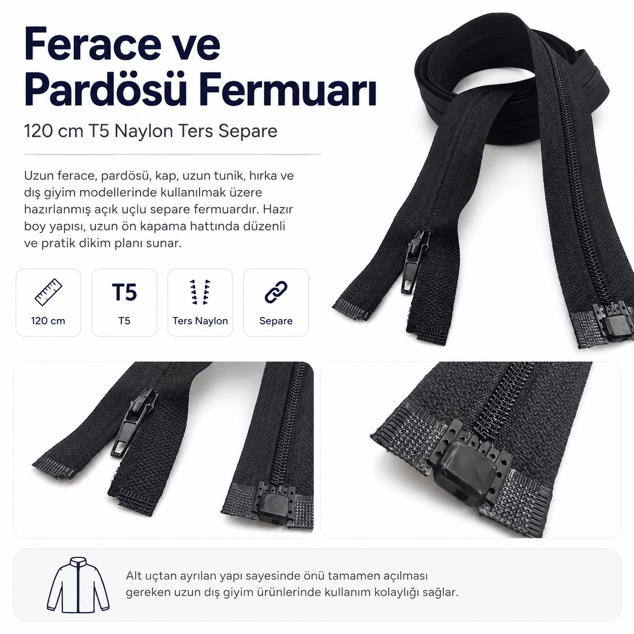 120 cm Ters Ferace Fermuarı | Daha Sade Uzun Kapanış İçin | ZP00120S