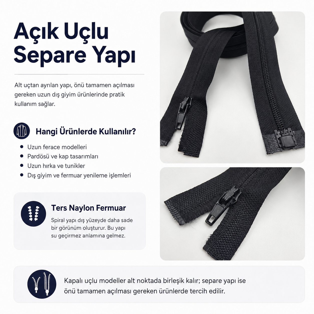 120 cm Ters Ferace Fermuarı | Daha Sade Uzun Kapanış İçin | ZP00120S