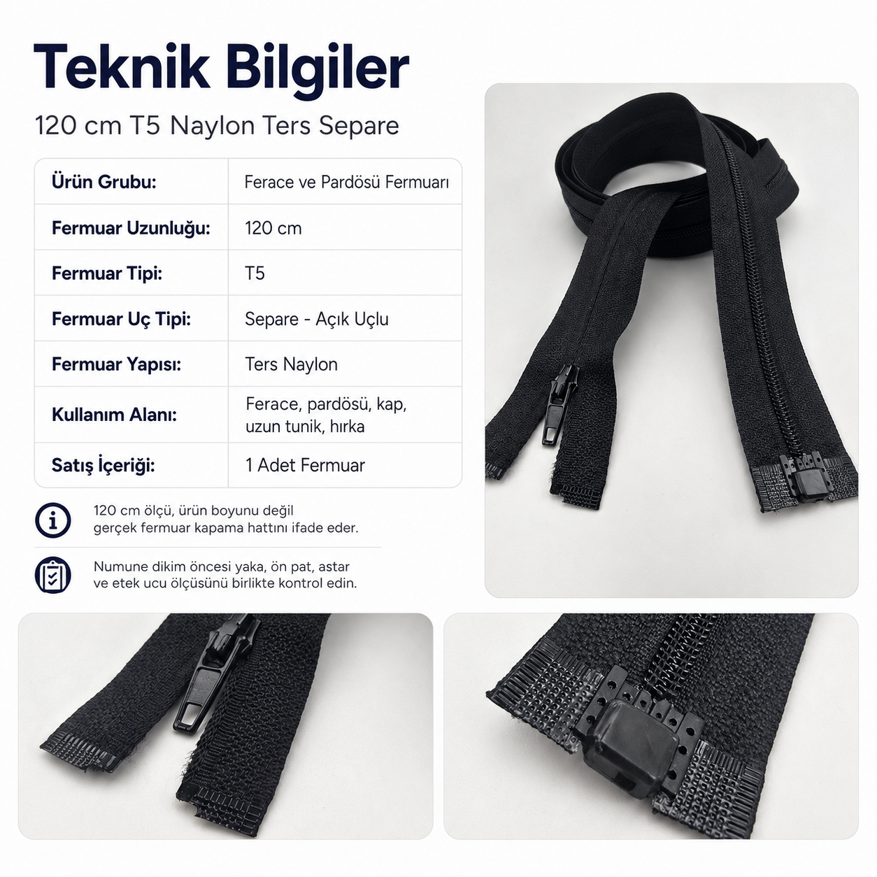 120 cm Ters Ferace Fermuarı | Daha Sade Uzun Kapanış İçin | ZP00120S