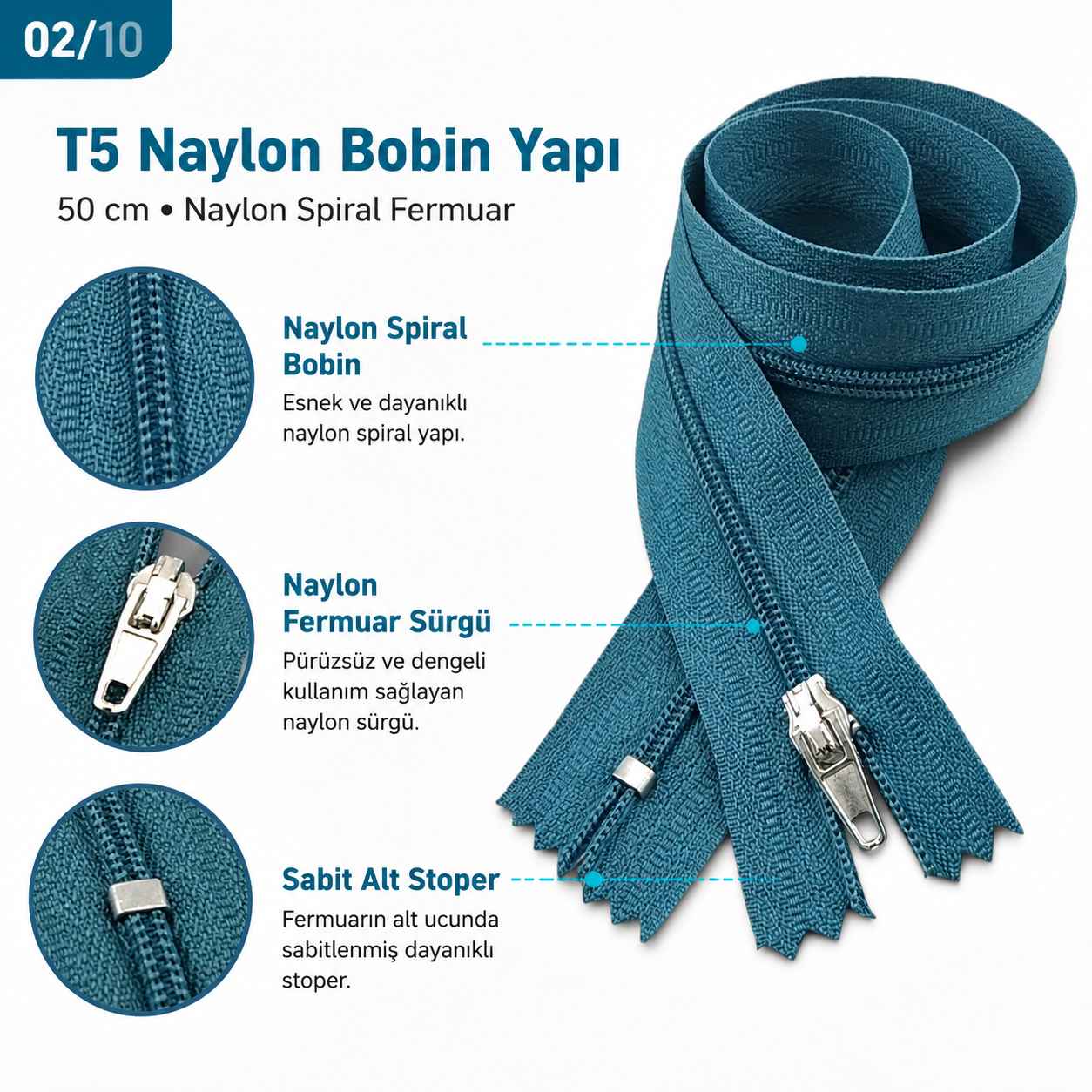 50 cm T5 Mavi Naylon Bobin Dipli Fermuar – Çanta ve Cep Fermuarı ZP0050t5