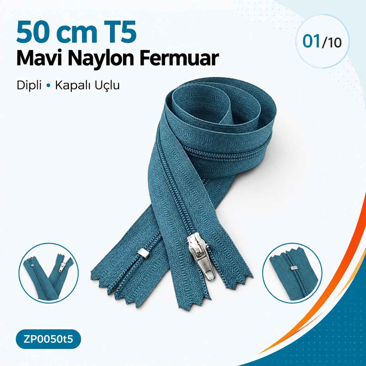 50 cm T5 Mavi Naylon Bobin Dipli Fermuar – Çanta ve Cep Fermuarı ZP0050t5