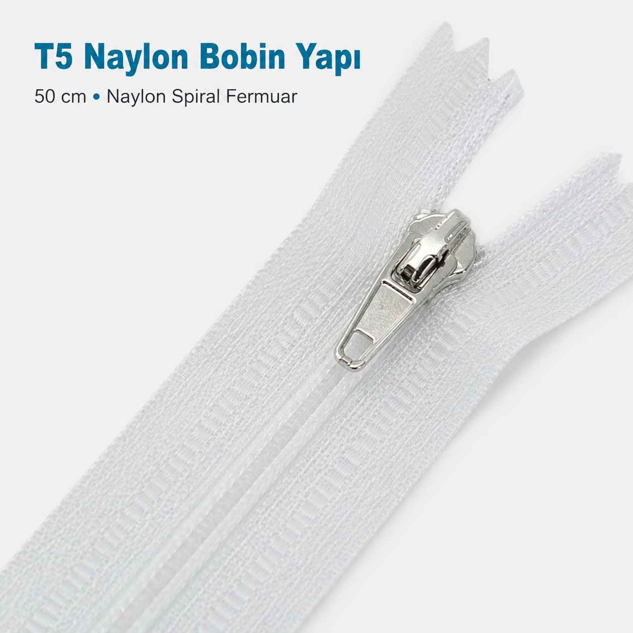 50 cm T5 Beyaz Naylon Bobin Dipli Fermuar – Çanta ve Cep Fermuarı ZP0050t5
